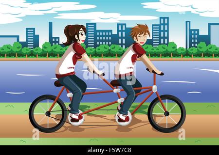 Un vecteur illustration de jeune couple riding a bike tandem Illustration de Vecteur