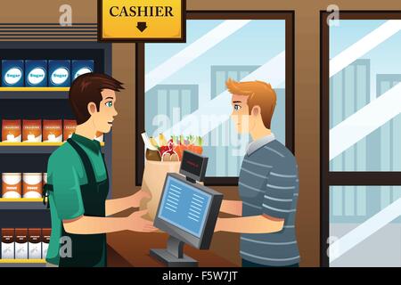 Un vecteur illustration de young man shopping à l'épicerie Illustration de Vecteur