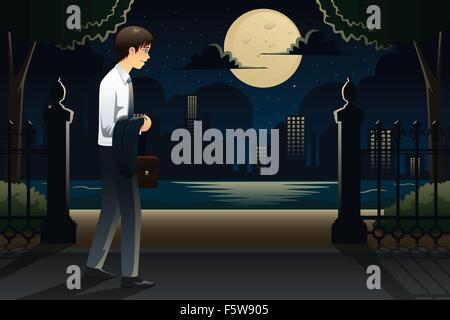 Un vecteur illustration de businessman rentre à la maison tard du travail Illustration de Vecteur