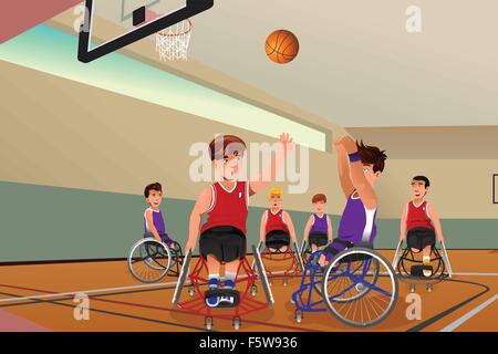 Un vecteur illustration de hommes en jouant au basket-ball en fauteuil roulant dans la salle de sport Illustration de Vecteur