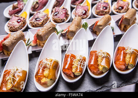 Hors-d'œuvre gastronomique : foie gras, le gibier, le thon et le saumon. Banque D'Images