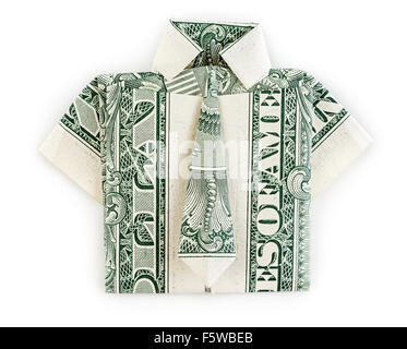 Origami Dollar chemise et cravate isolé sur fond blanc. Moneygami. Banque D'Images