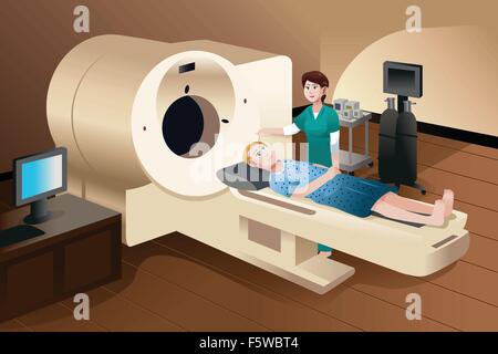 Un vecteur illustration de patient allongé sur un scan de la machine avec une infirmière debout à côté de lui Illustration de Vecteur