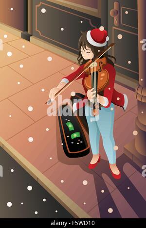 Un vecteur illustration de musicien de rue à jouer du violon dans le milieu de l'hiver nuit Illustration de Vecteur