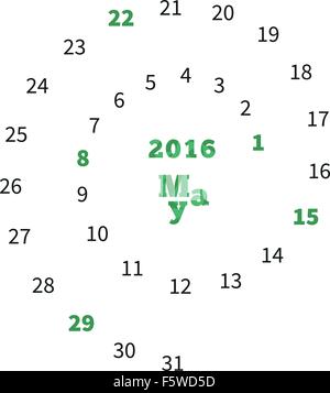 Calendrier créatif pour mai 2016 avec des dates sur spiral Illustration de Vecteur