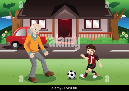 Un vecteur illustration de grand-père et petit-fils joue au soccer dans la cour avant Illustration de Vecteur