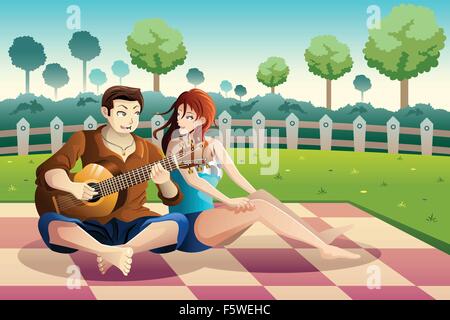 Un vecteur illustration de l'heureux couple playing guitar ensemble dans un parc Illustration de Vecteur