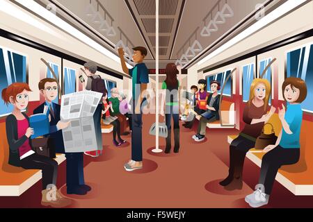 Un vecteur illustration de différentes personnes à l'intérieur du métro bondé Illustration de Vecteur