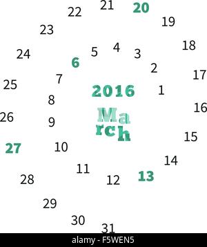 Calendrier créatif pour mars 2016 avec des dates sur spiral Illustration de Vecteur