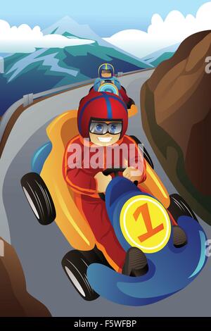 Un vecteur illustration de kids racing dans un go-kart comme la voiture dans la route de montagne Illustration de Vecteur