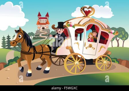 Un vecteur illustration de prince et princesse dans un wagon tiré de cheval Illustration de Vecteur