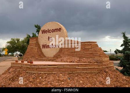 Bienvenue à Winslow signe Arizona USA Banque D'Images