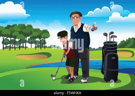 Un vecteur illustration de l'enseignement de son petit-fils grand-père en jouant au golf Illustration de Vecteur