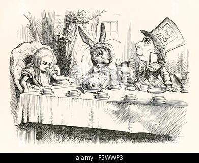 Thé du Chapelier fou, John Tenniel (1820-1914) Illustration de Lewis Carroll, "Alice au pays des merveilles' publié en 1865. Banque D'Images