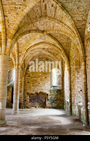 L'Angleterre, Hastings, Battle Abbey. Intérieur de la chambre voûtée sous couchage moines hall. Vue sur le mur et les colonnes avec des voûtes en briques. Banque D'Images