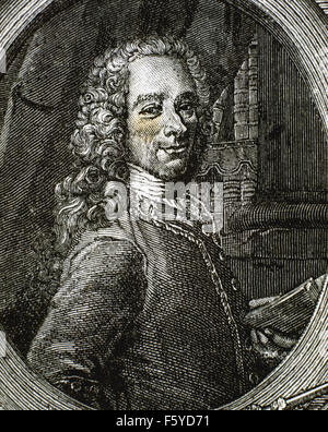 Voltaire (1694-1778). Des lumières français, écrivain, historien et philosophe. Portrait. Gravure par Etienne Fiquet (1719-1797). Banque D'Images