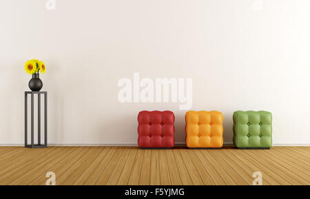Chambre blanche et minimaliste avec plancher en bois coloré brodé sur le rendu 3D Banque D'Images