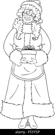 Vector illustration page à colorier de Mrs Claus tenant un cadeau pour Noël et souriant. Illustration de Vecteur