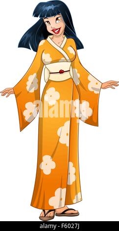 Vector illustration d'une femme asiatique dans un kimono japonais jaune vert. Illustration de Vecteur