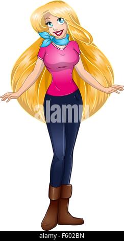 Vector illustration d'une adolescente blonde en tshirt et pantalon long. Illustration de Vecteur