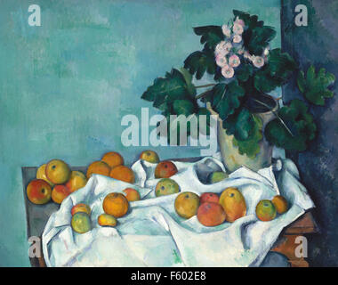 Paul Cézanne - Nature morte avec pommes et un pot de primevères Banque D'Images