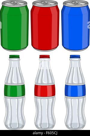 Pack d'illustration vectorielle de rouge vert et bleu des canettes de soda et des bouteilles en verre. Illustration de Vecteur