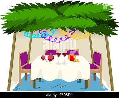 Vector illustration de Soucca avec ornements table avec de la nourriture pour la fête juive de Souccot. Illustration de Vecteur