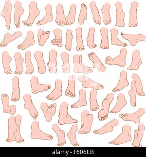 Illustrations vectorielles pack de pieds humains dans différents gestes. Illustration de Vecteur