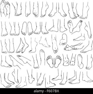 Illustrations vectorielles lineart pack de pieds humains dans différents gestes. Illustration de Vecteur