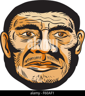 Gravure Gravure illustration style fait main d'un homme de Neandertal face face à l'avant fixé sur un fond blanc. Banque D'Images