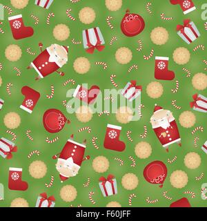 Seamless Vector de fond de Noël avec le Père Noël, sac cadeau, Christmas, Chaussette rouge, boîte cadeau et candy csti Illustration de Vecteur