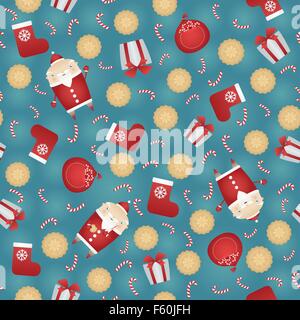 Seamless Vector de fond de Noël avec le Père Noël, sac cadeau, Christmas, Chaussette rouge, boîte cadeau et candy csti Illustration de Vecteur