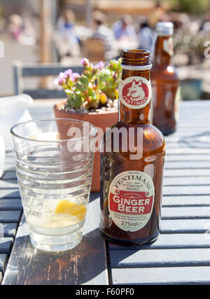 Une bouteille de bière au gingembre Fentimans et un verre sur une table en bois à l'été Banque D'Images