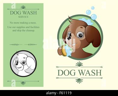 L'élément de conception de logo. Service de lavage de chien. Mignon chien holding éponge avec de la mousse. Illustration de Vecteur