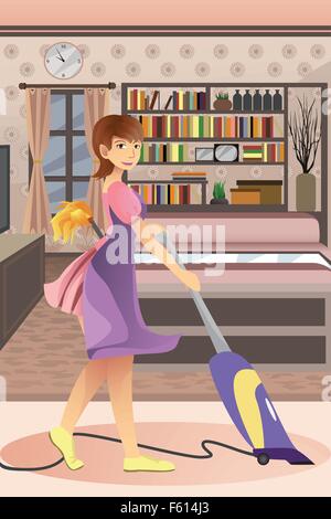 Un vecteur illustration de femme heureuse tapis à l'aspirateur dans le salon Illustration de Vecteur