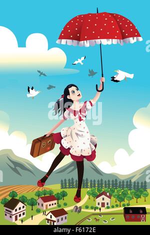 Un vecteur illustration de femme tenant un parapluie volant dans les airs pour concept sans souci Illustration de Vecteur