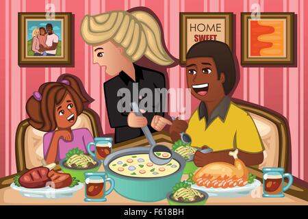 Un vecteur illustration de happy family eating dinner together Illustration de Vecteur