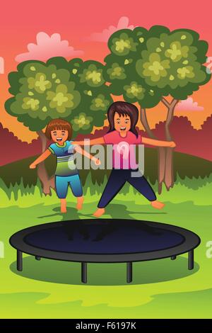 Un vecteur illustration d'enfants heureux de jouer sur un trampoline Illustration de Vecteur