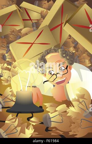 Un vecteur illustration de l'inventeur avec pile de lampe cassée Illustration de Vecteur