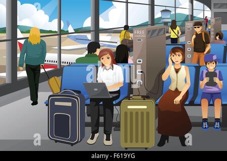 Un vecteur illustration de voyageurs accusant leurs dispositifs électroniques dans un aéroport Illustration de Vecteur