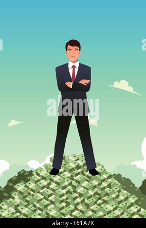 Un vecteur illustration de businessman standing on top of pile d'argent Illustration de Vecteur