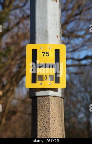 Une plaque rectangulaire jaune avec un très grand H ainsi que des lettres plus petites 75 et 5 dans les lacunes de l'H Banque D'Images