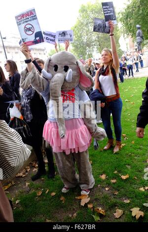 Marche Mondiale pour les éléphants et rhinocéros. Démo à Londres , 96 personnes s'habillent de costumes d'éléphants qui représente l'estimation du nombre d'éléphants tués chaque jour en Afrique pour leur ivoire, soulignant la nécessité d'agir pour sauver les espèces menacées. D'interieurélectronique Banque D'Images