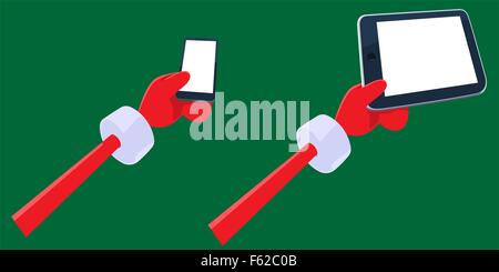 Cartoon Santa Claus's hands holding smartphone et tablette PC avec écran vide. Illustration de Vecteur