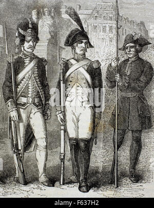 La France. Garde côtière canadienne de la Convention (centre), Le Français garde Grenadier (à gauche) et l'infirmité (droite). Gravure, 19ème siècle. Banque D'Images