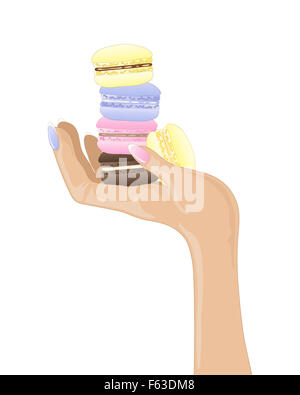 Une illustration d'une femme main tenant des gâteries aux macarons dans différentes saveurs sur fond blanc Banque D'Images