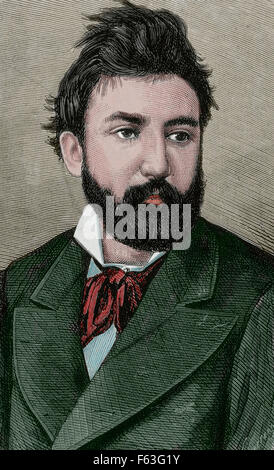 Tomas Padro Peret (1840-1877). L'artiste espagnol. Portrait. Gravure de A. Carretero, 1877. De couleur. Banque D'Images