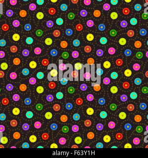 Les disques multicolores lumineux reliés ensemble dans un modèle homogène par anneaux de couleur or sur fond noir. Banque D'Images