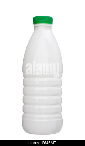 Bouteille de lait blanc avec couvercle vert isolé sur fond blanc Banque D'Images