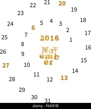 Calendrier créatif pour novembre 2016 avec des dates sur spiral Illustration de Vecteur